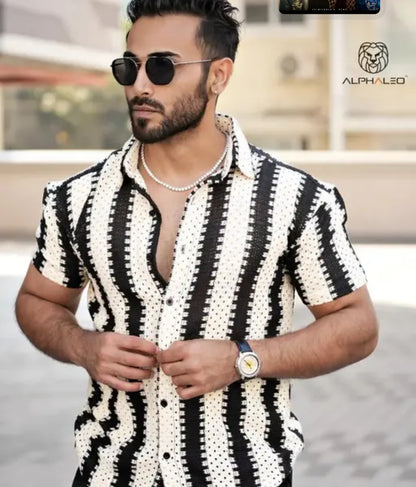 Mens New Crochet Cotton Black Shirt